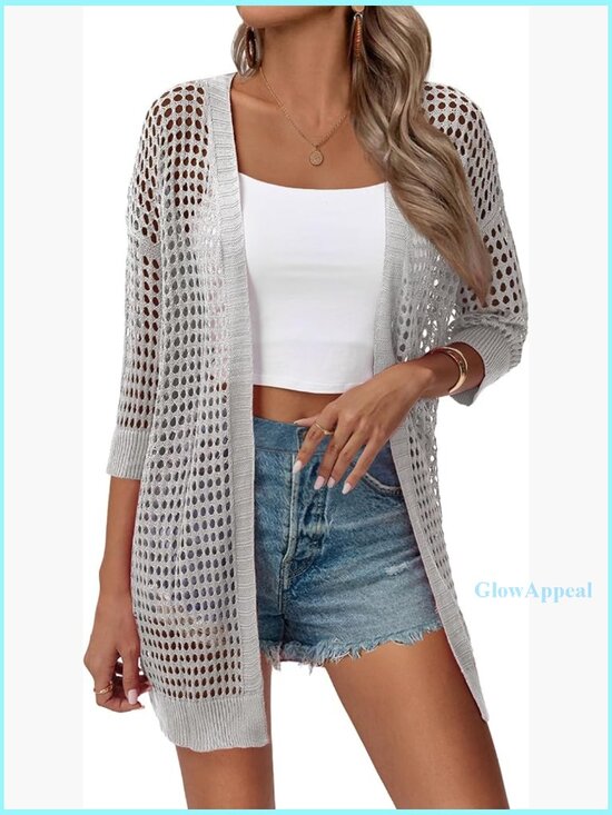 Sweaters - Lightweight Crochet Cardigan Short Sleeve Kimono Open Front Sweater